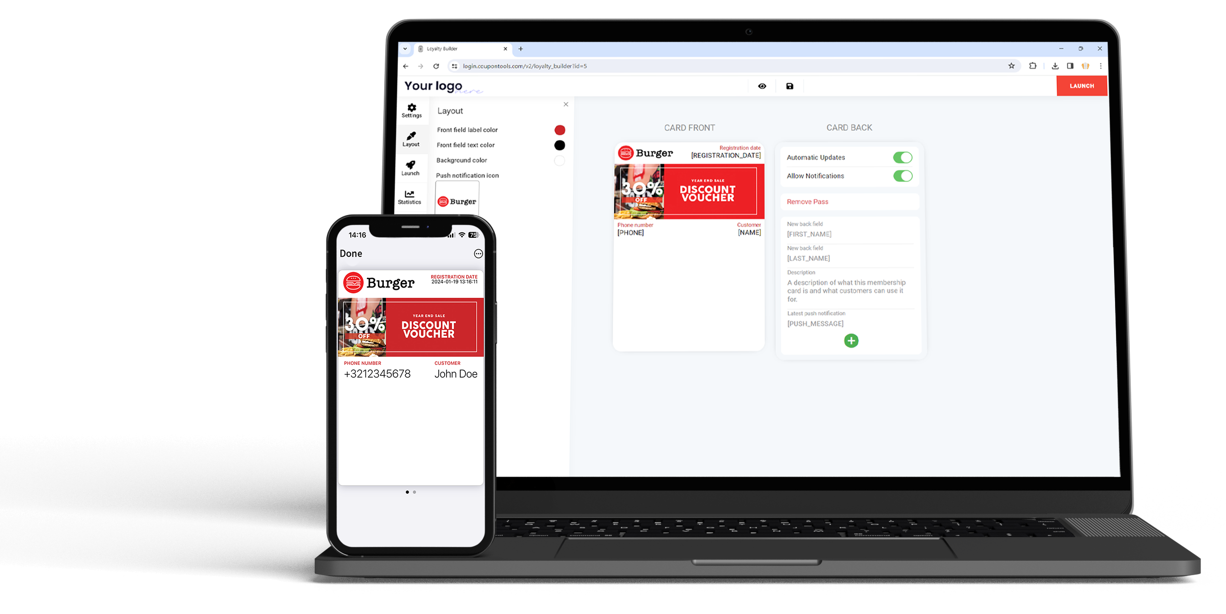 Digital Point Loyalty Card on a smartphone next to the Coupontools statistics dashboard.